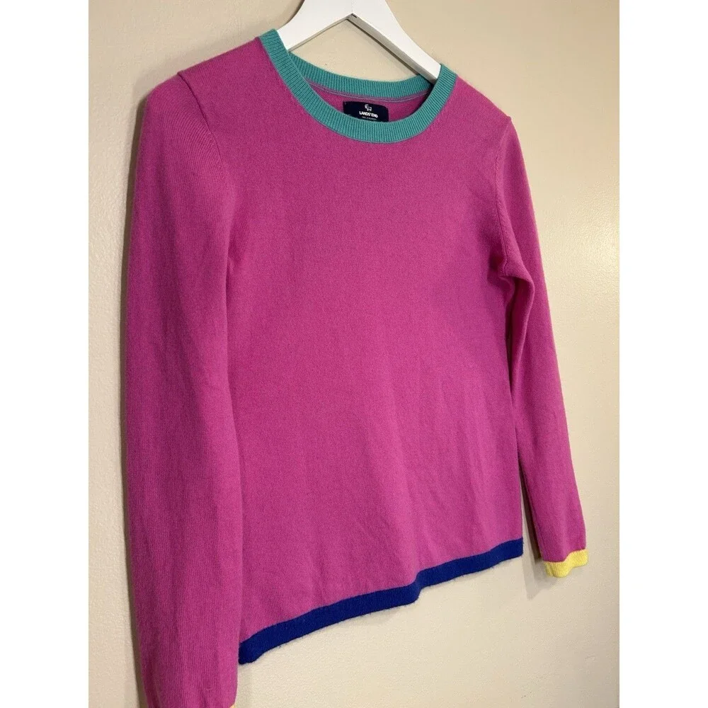 Lands' End Cashmere Sweater Sz XS Colorblock Fuchsia Teal Navy Preppy Luxury
